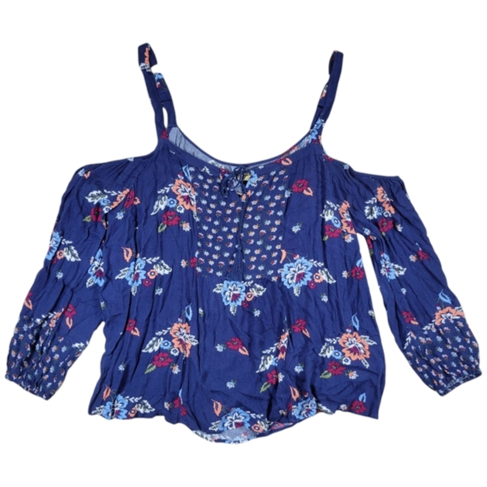 True Craft Curvy Top Womens 3X Blue‎ Floral Bohemian Cold Shoulder Long Sleeve